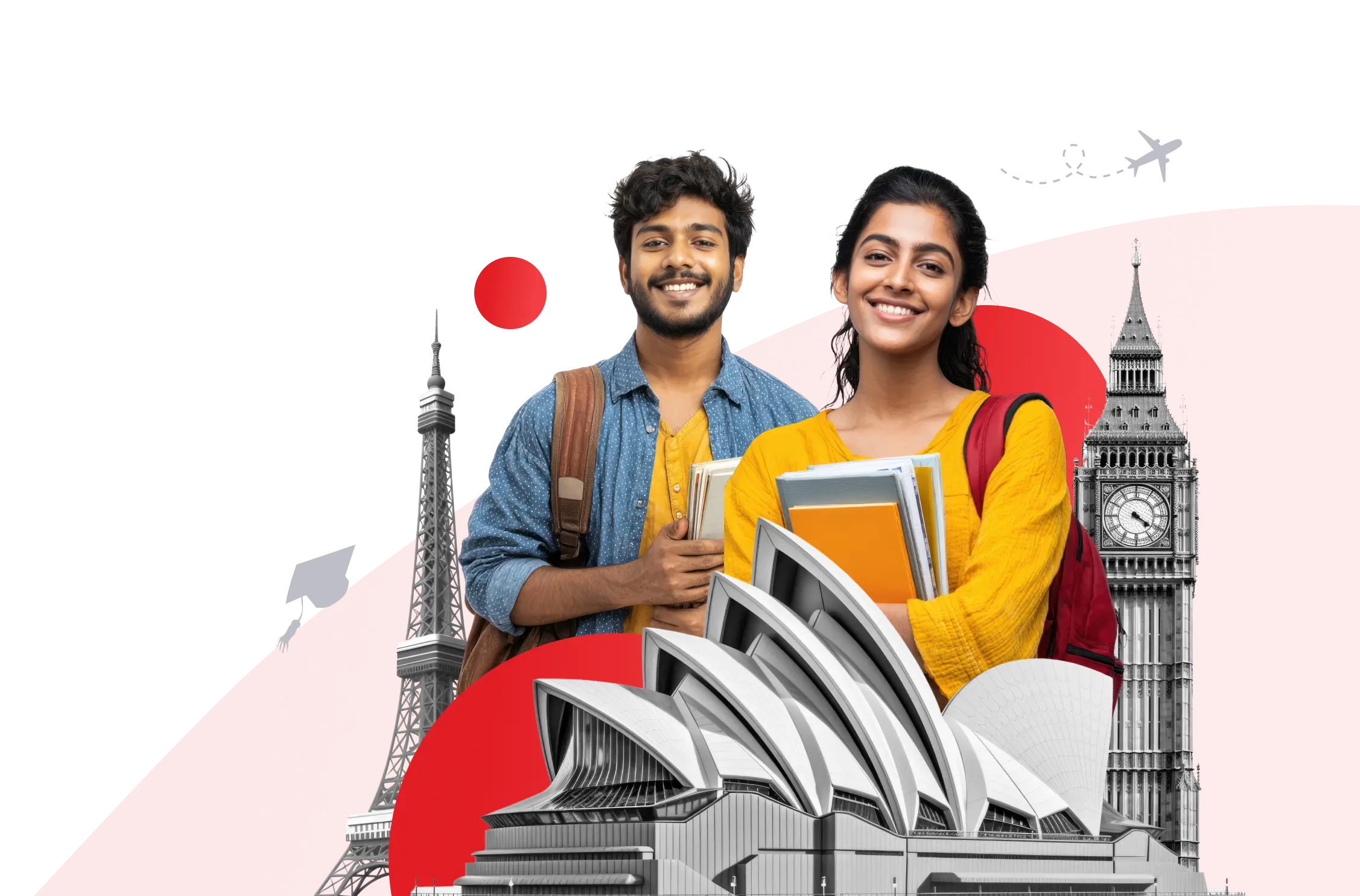 Students standing with iconic study abroad landmarks